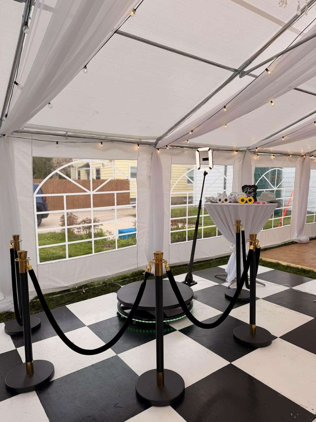 360 photo booth platform ready under a tent
